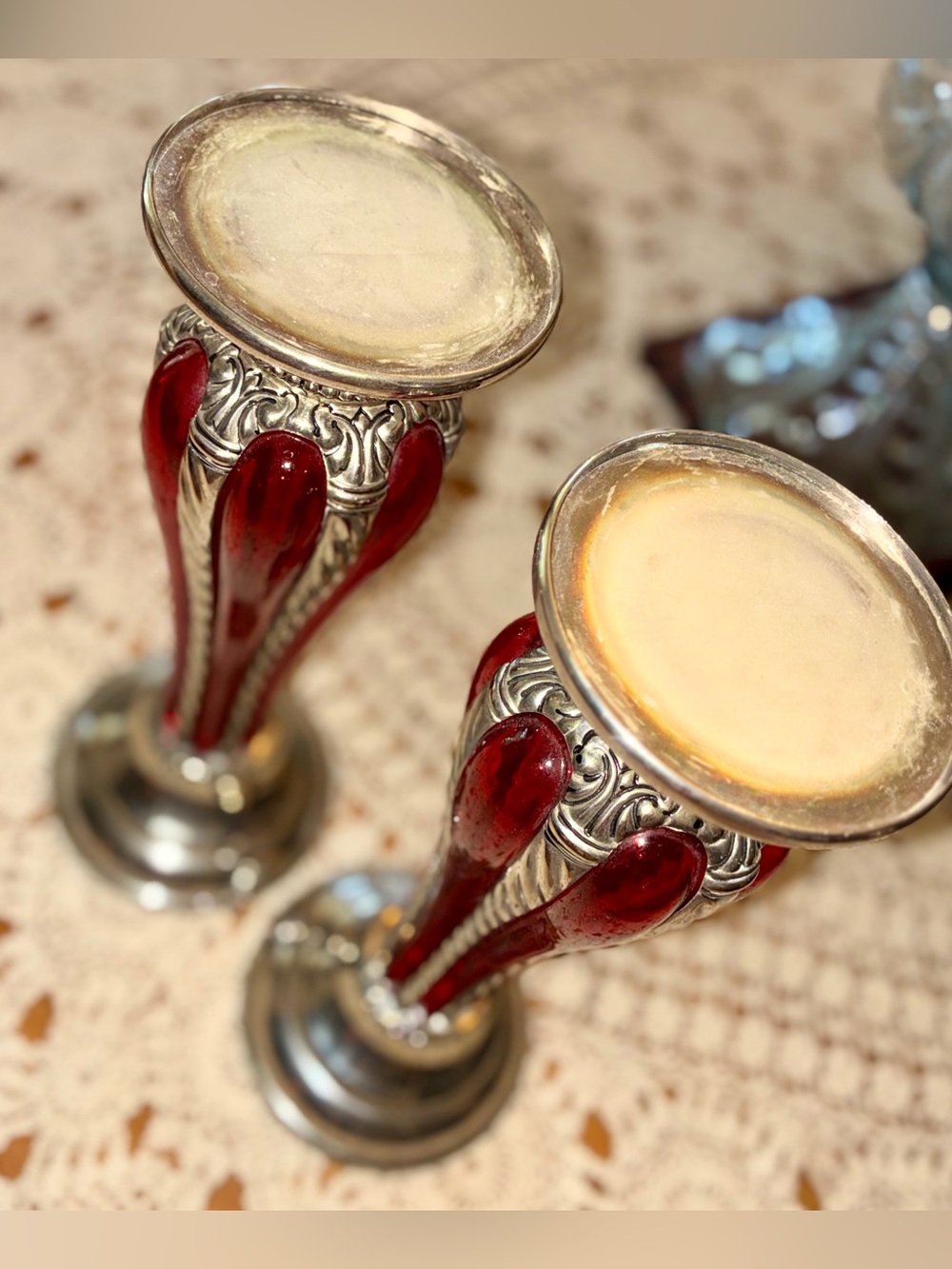 Vintage MCM Bubble Glass Decorative Red Glass and Silver Candle Holders - Pair - Picture 6 of 11